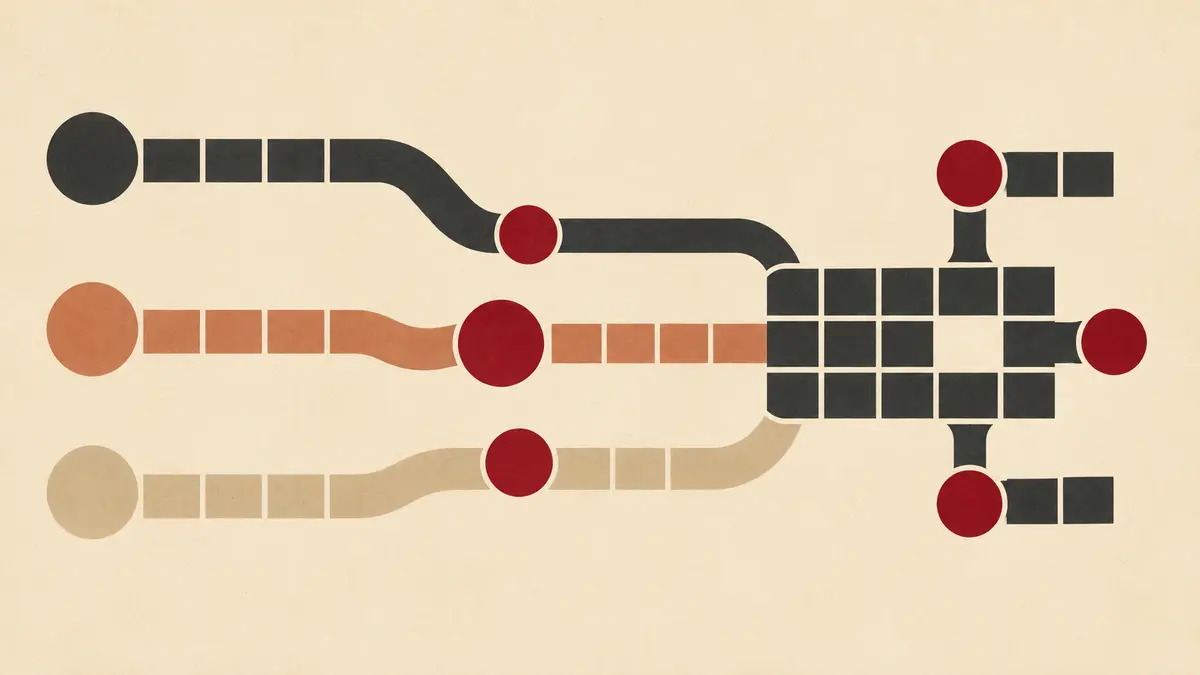 Three controlled migration paths converging through validation checkpoints into one modular system